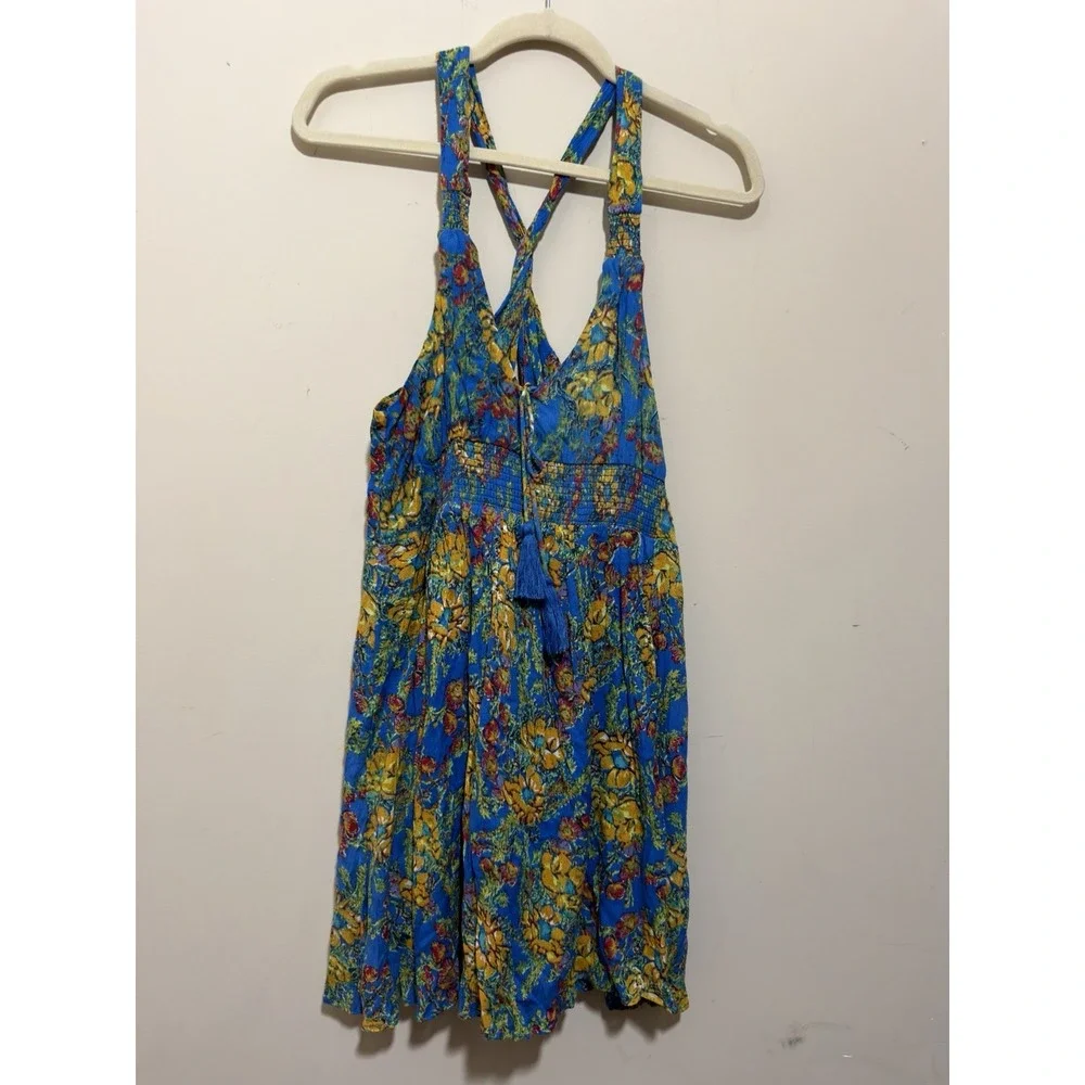 Free People Mini Dress Womens S Blue Washed Ashore Floral Open Back Party Boho